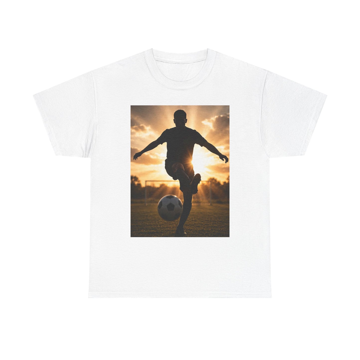 Soccer Silhouette Tee — Sunset Football Player Graphic T-Shirt