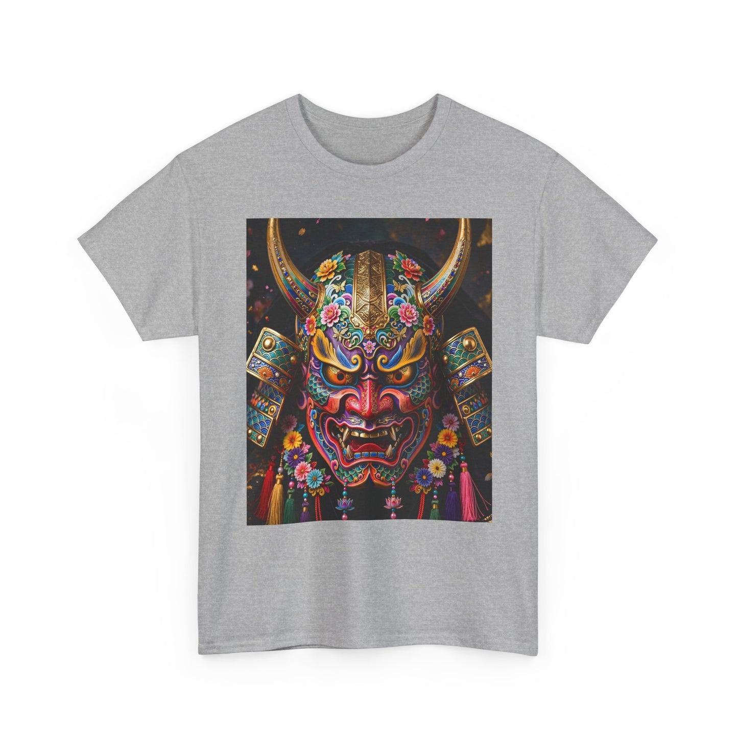 Samurai Mask Graphic Tee - Colorful Oni Kabuki Face Art T-Shirt