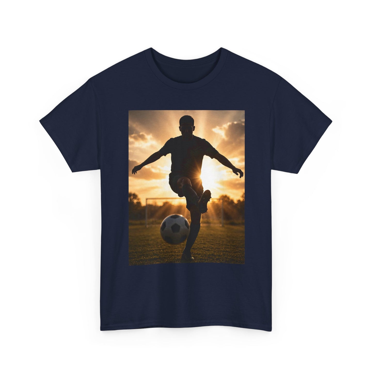 Soccer Silhouette Tee — Sunset Football Player Graphic T-Shirt