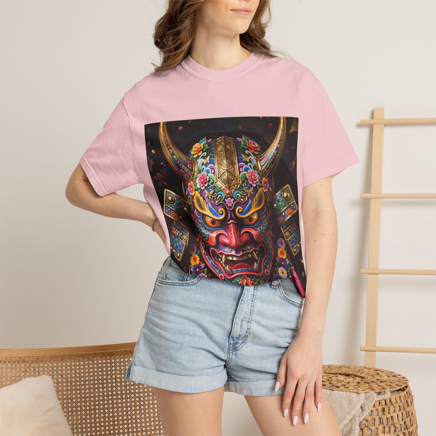 Samurai Oni Mask T‑Shirt — Vibrant Floral Demon Helmet Graphic