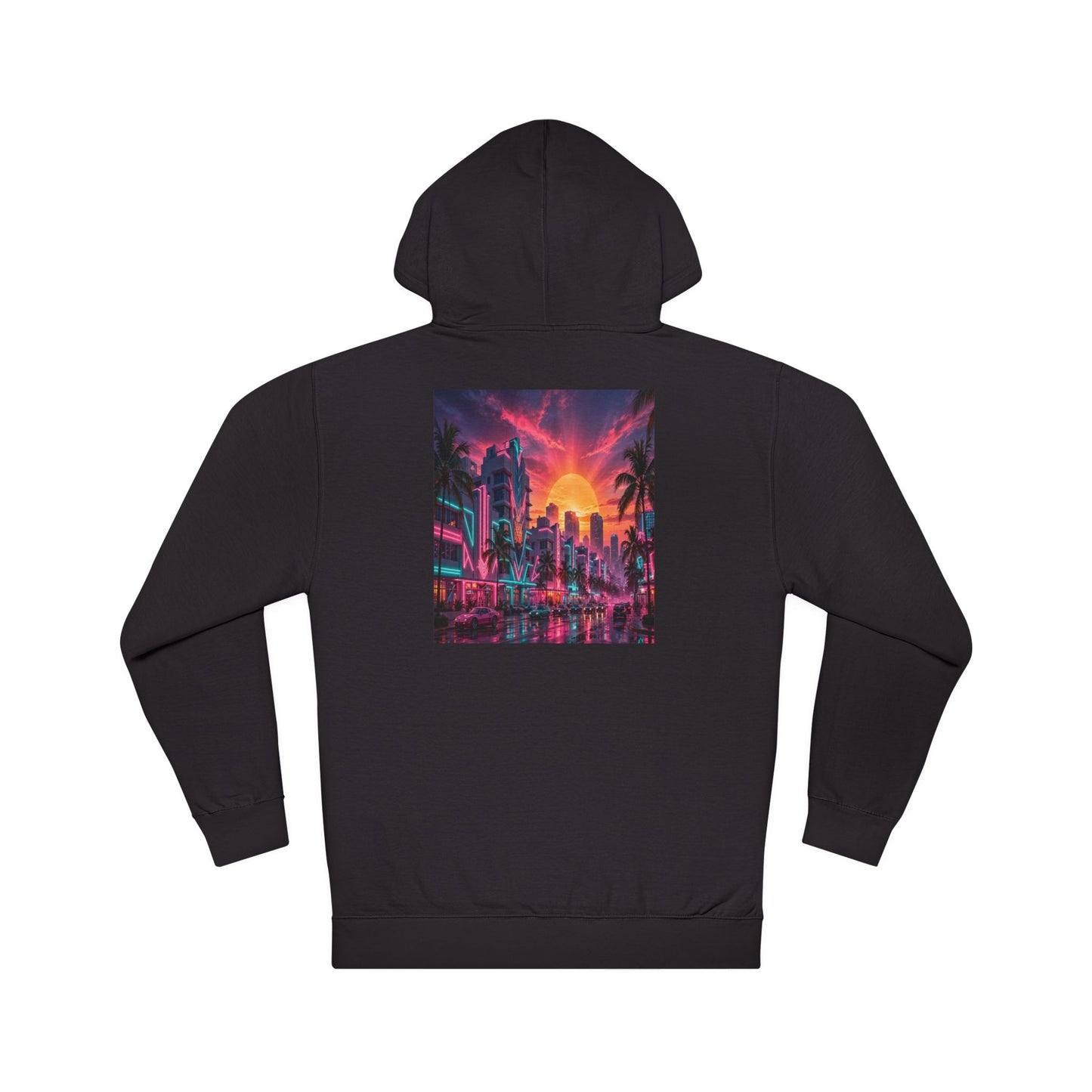 Retro Neon Sunset Hoodie — Vaporwave Cityscape Back Print