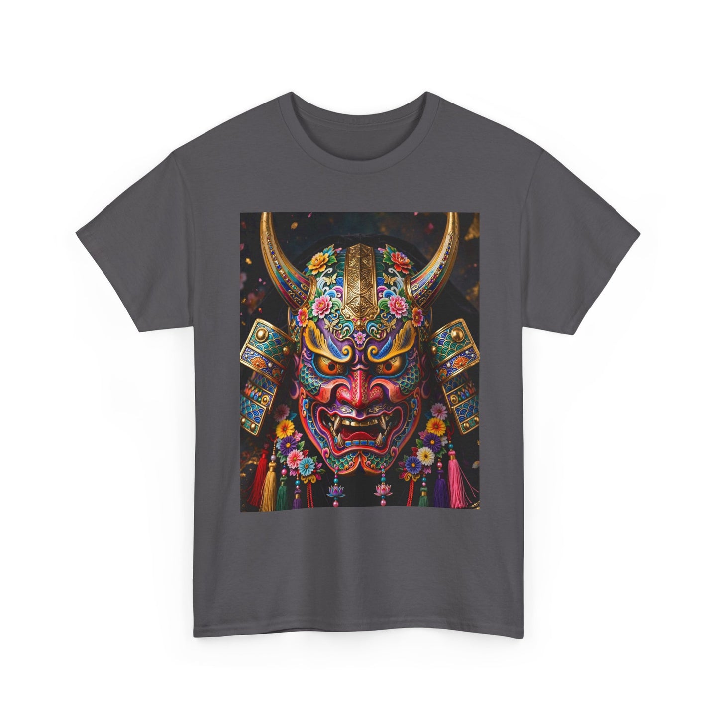 Samurai Mask Graphic Tee - Colorful Oni Kabuki Face Art T-Shirt
