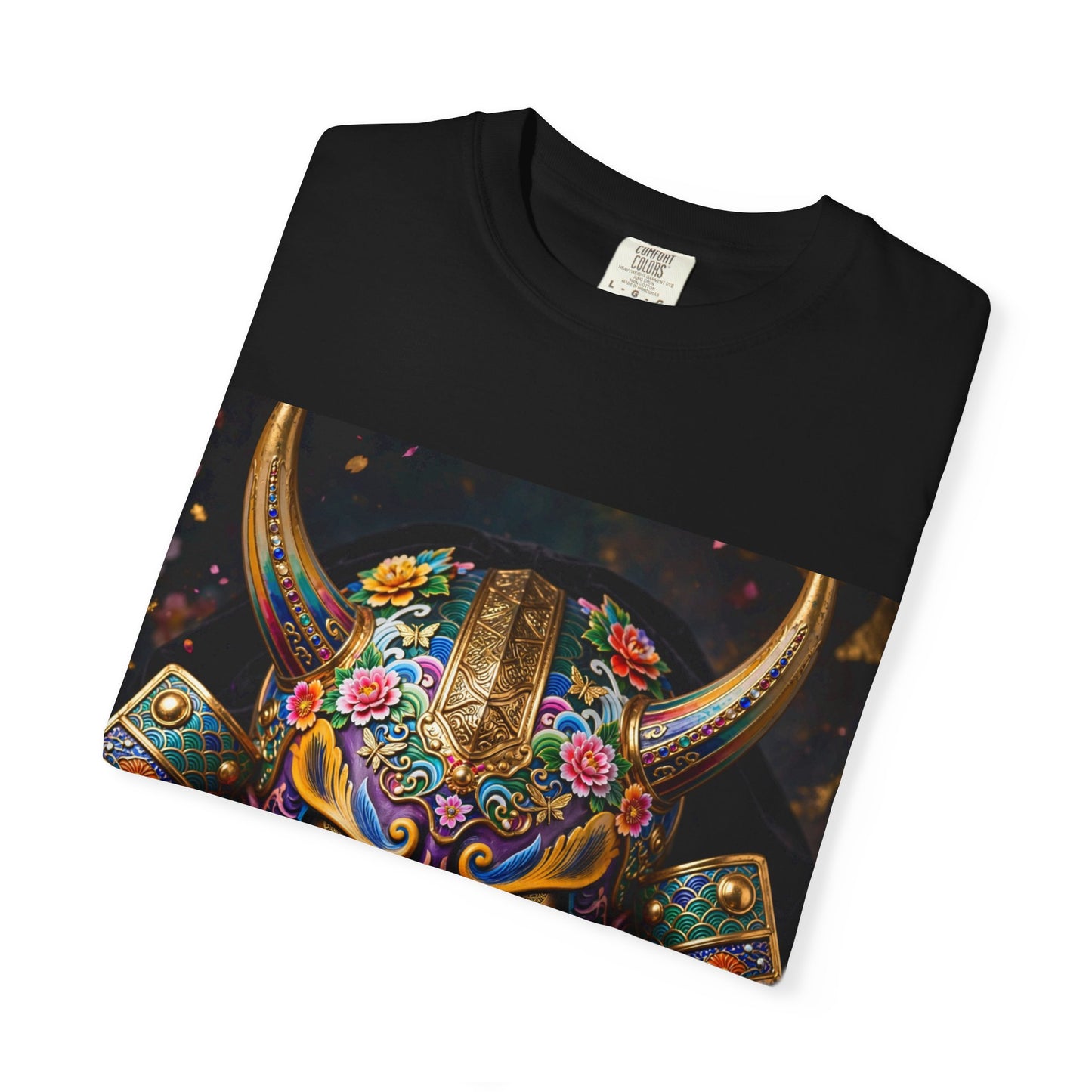 Samurai Oni Mask T‑Shirt — Vibrant Floral Demon Helmet Graphic