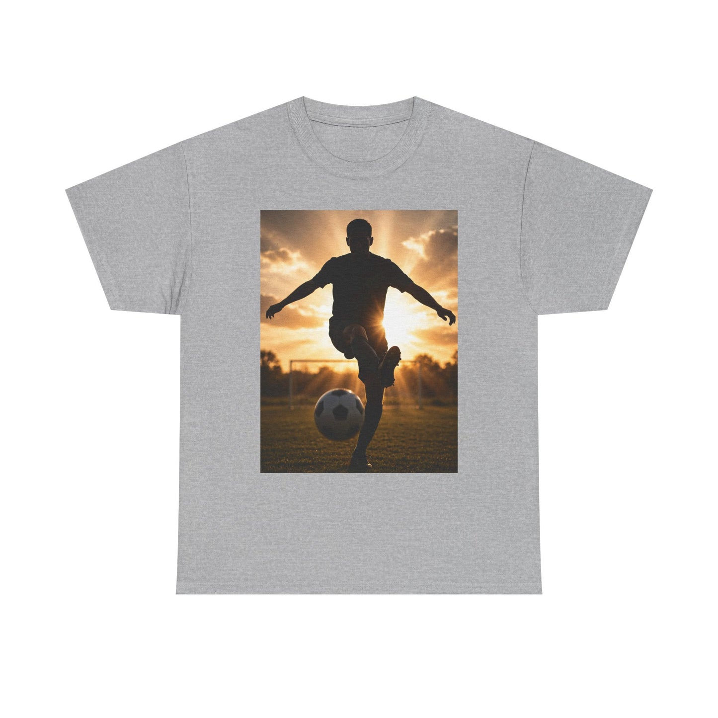 Soccer Silhouette Tee — Sunset Football Player Graphic T-Shirt