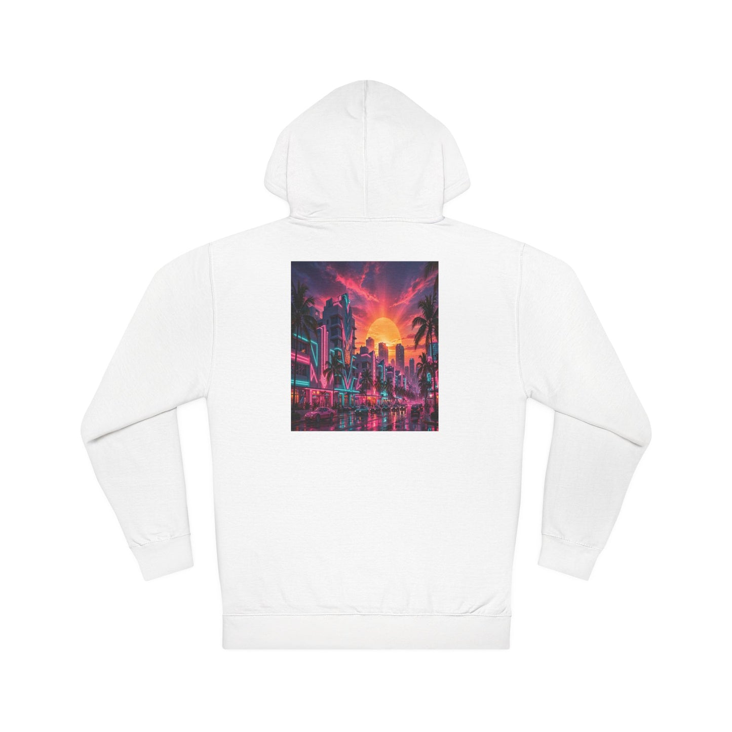 Retro Neon Sunset Hoodie — Vaporwave Cityscape Back Print