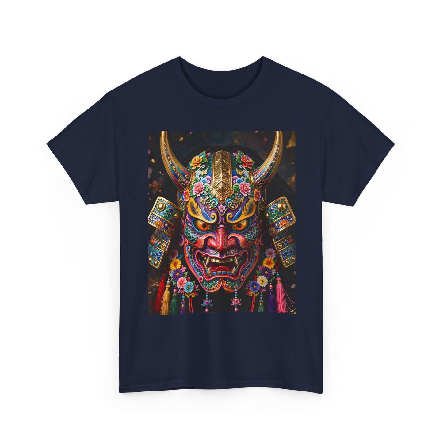 Samurai Mask Graphic Tee - Colorful Oni Kabuki Face Art T-Shirt
