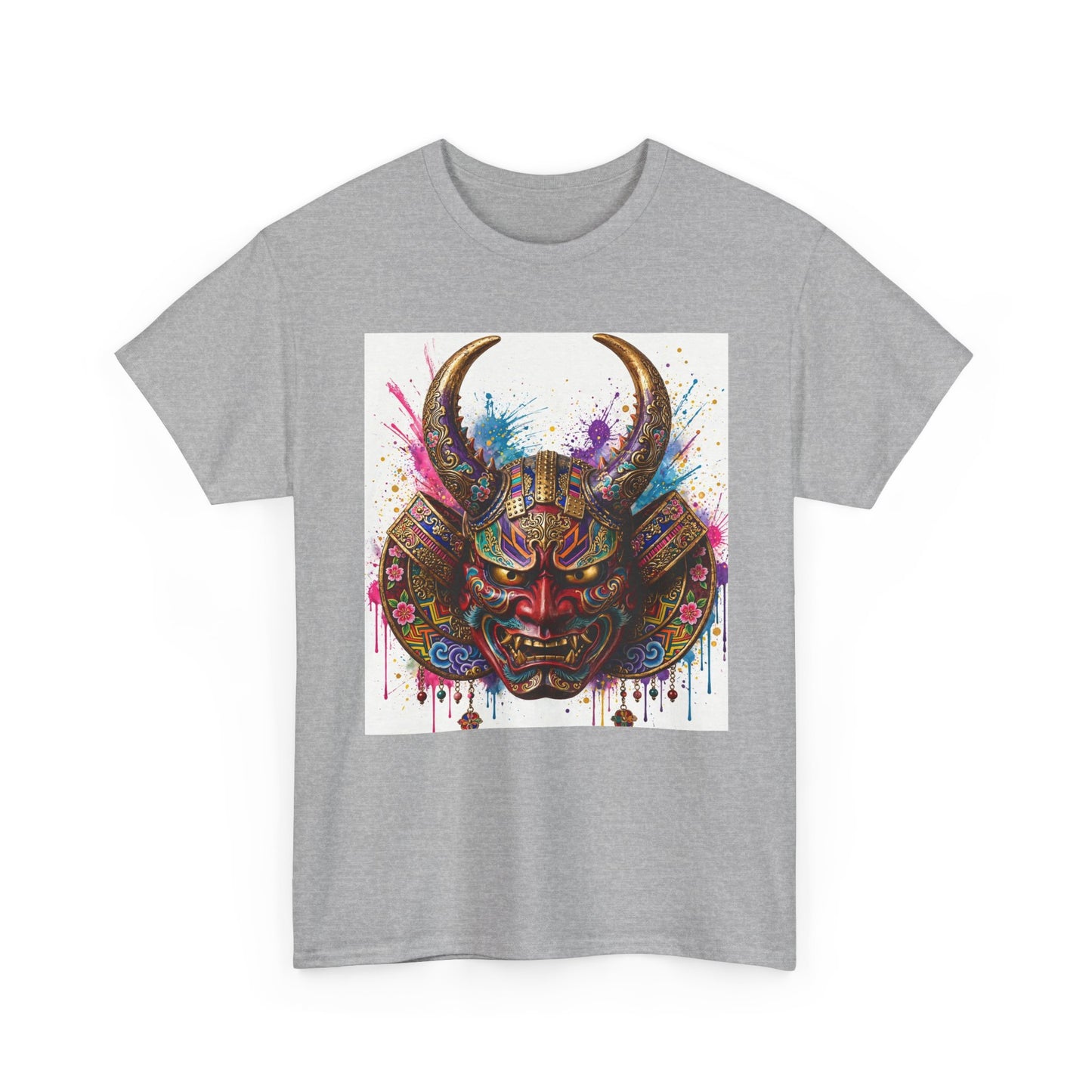 Samurai Mask Graphic Tee — Colorful Oni Helmet T-shirt