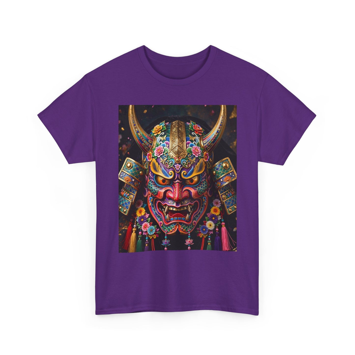 Samurai Mask Graphic Tee - Colorful Oni Kabuki Face Art T-Shirt