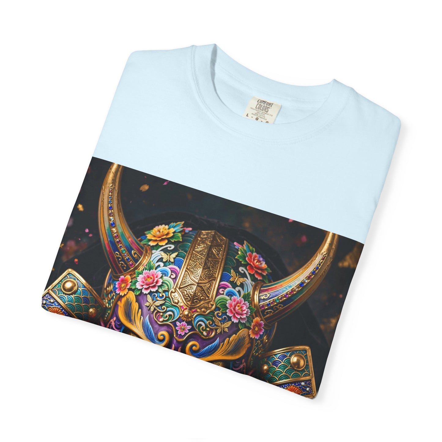 Samurai Oni Mask T‑Shirt — Vibrant Floral Demon Helmet Graphic