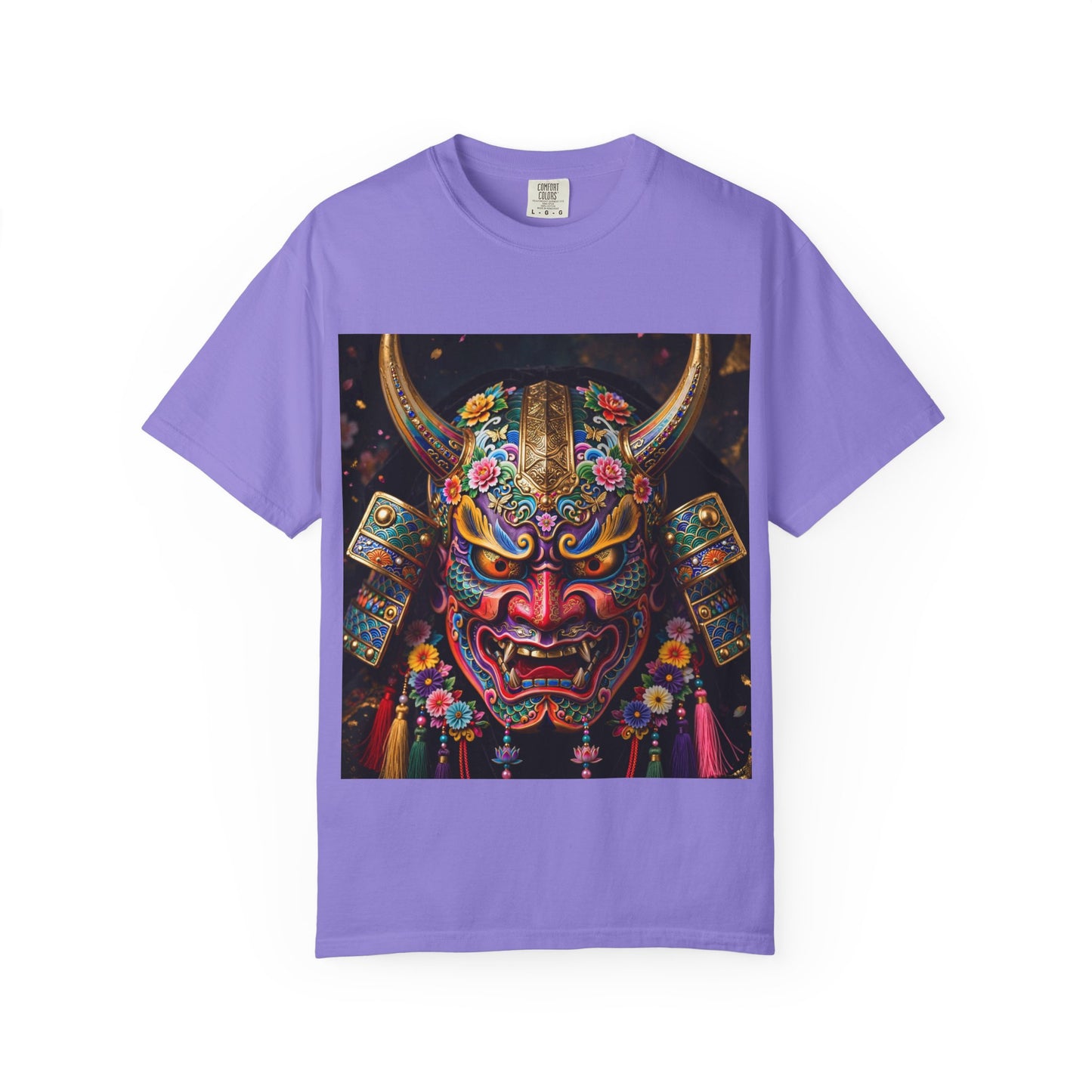 Samurai Oni Mask T‑Shirt — Vibrant Floral Demon Helmet Graphic