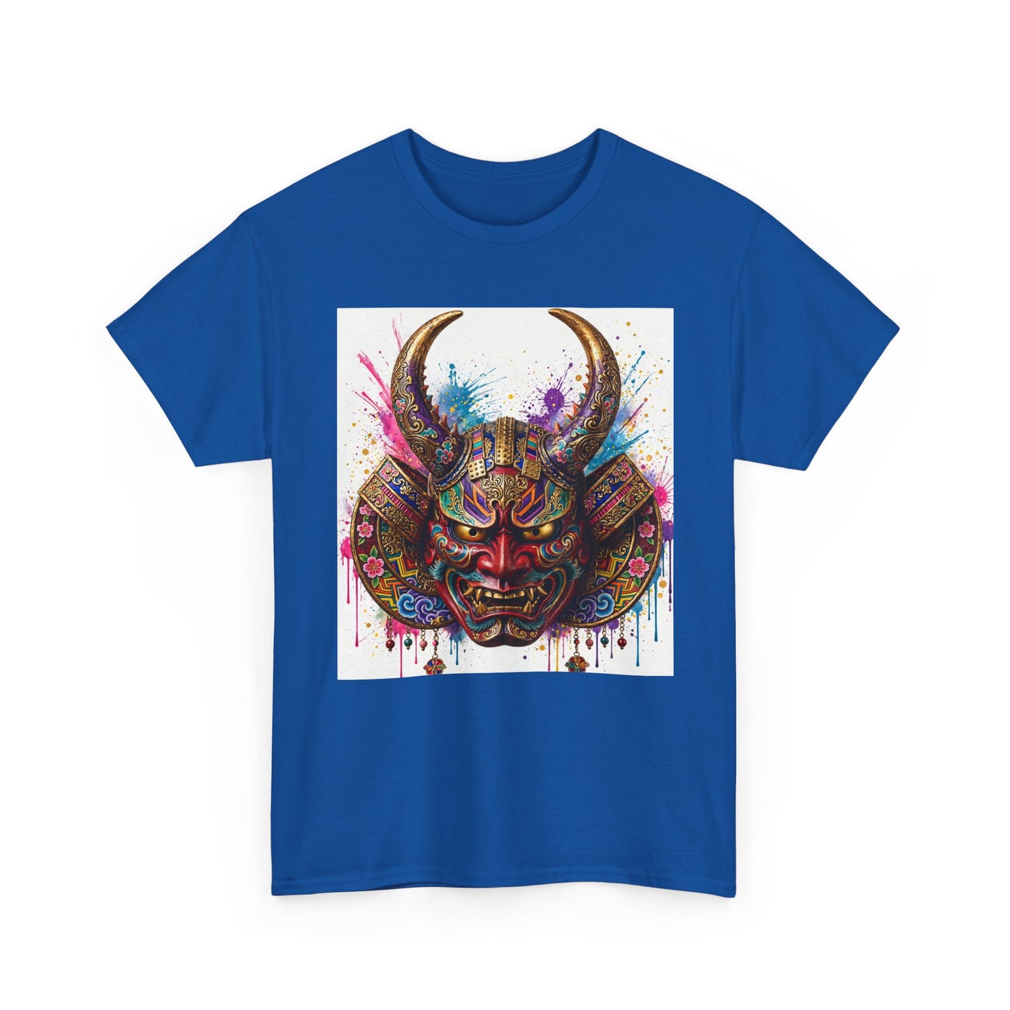 Samurai Mask Graphic Tee — Colorful Oni Helmet T-shirt