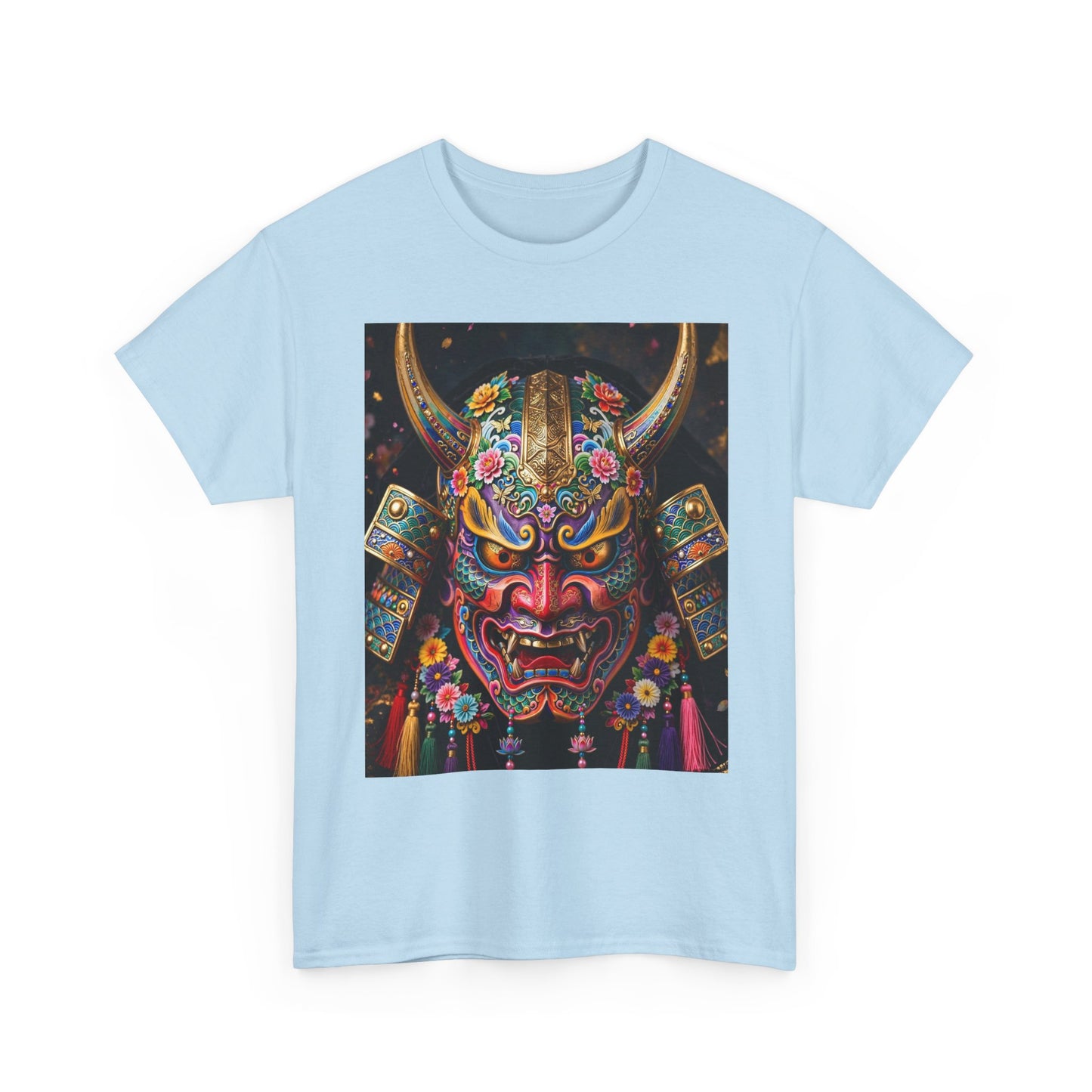 Samurai Mask Graphic Tee - Colorful Oni Kabuki Face Art T-Shirt