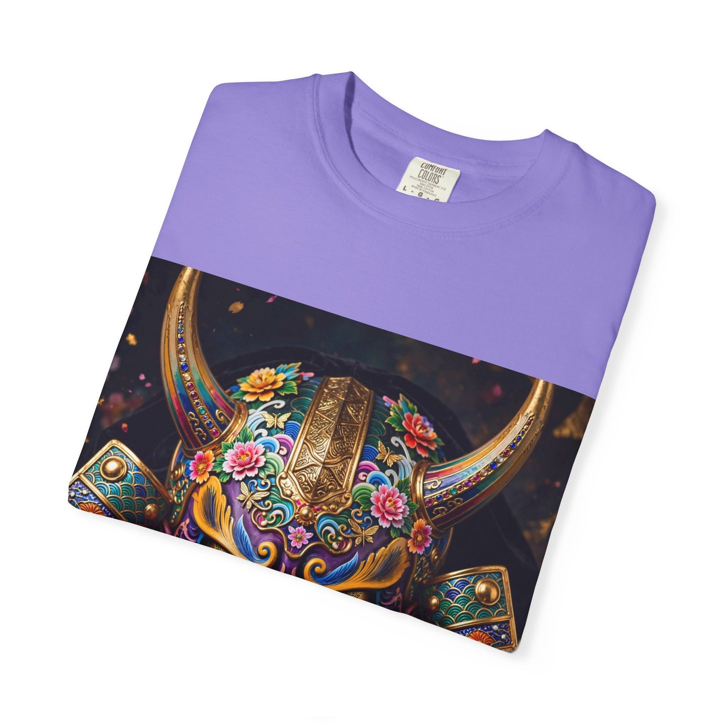 Samurai Oni Mask T‑Shirt — Vibrant Floral Demon Helmet Graphic