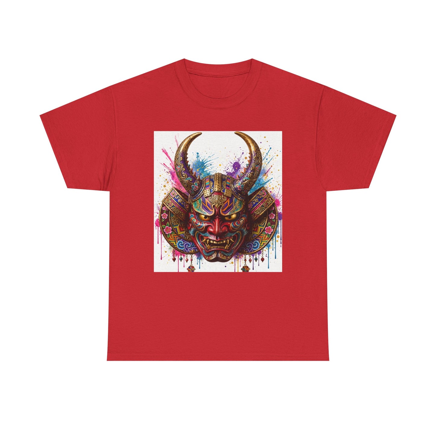 Samurai Mask Graphic Tee — Colorful Oni Helmet T-shirt