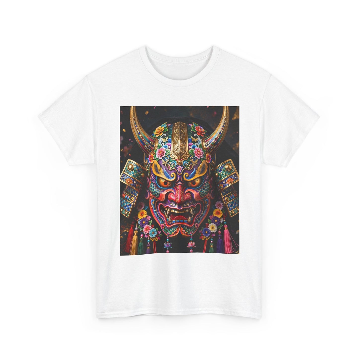 Samurai Mask Graphic Tee - Colorful Oni Kabuki Face Art T-Shirt
