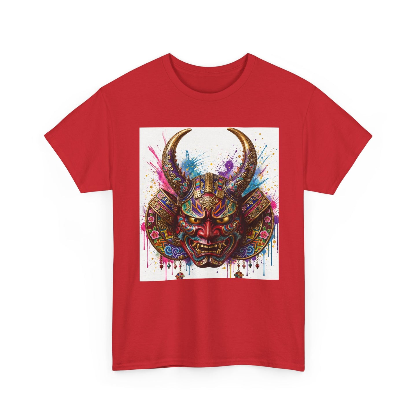 Samurai Mask Graphic Tee — Colorful Oni Helmet T-shirt