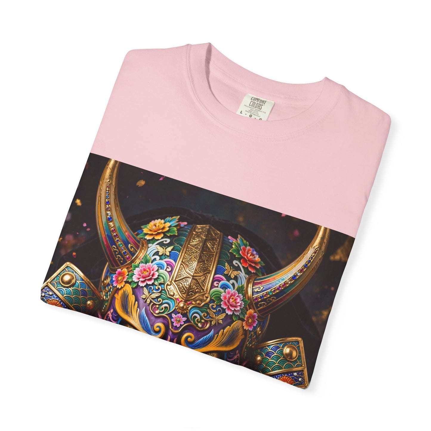 Samurai Oni Mask T‑Shirt — Vibrant Floral Demon Helmet Graphic