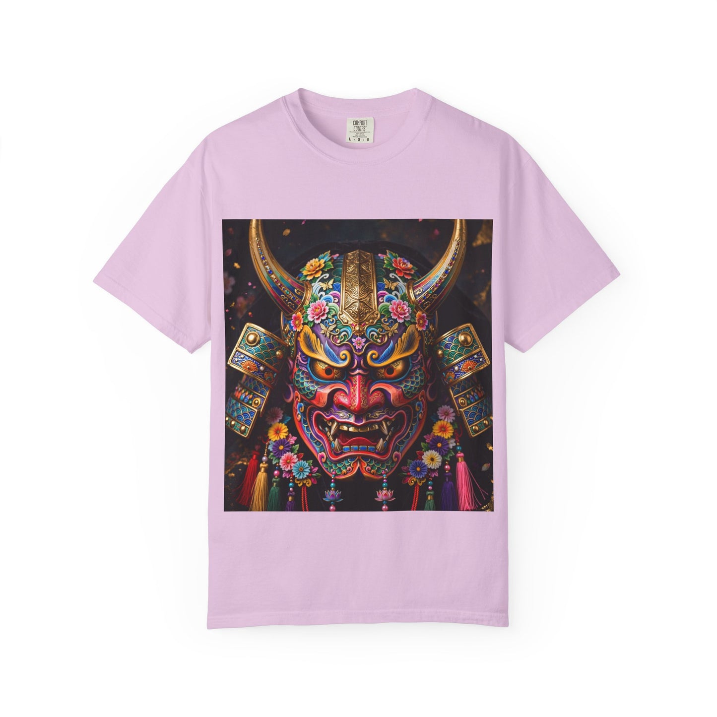 Samurai Oni Mask T‑Shirt — Vibrant Floral Demon Helmet Graphic