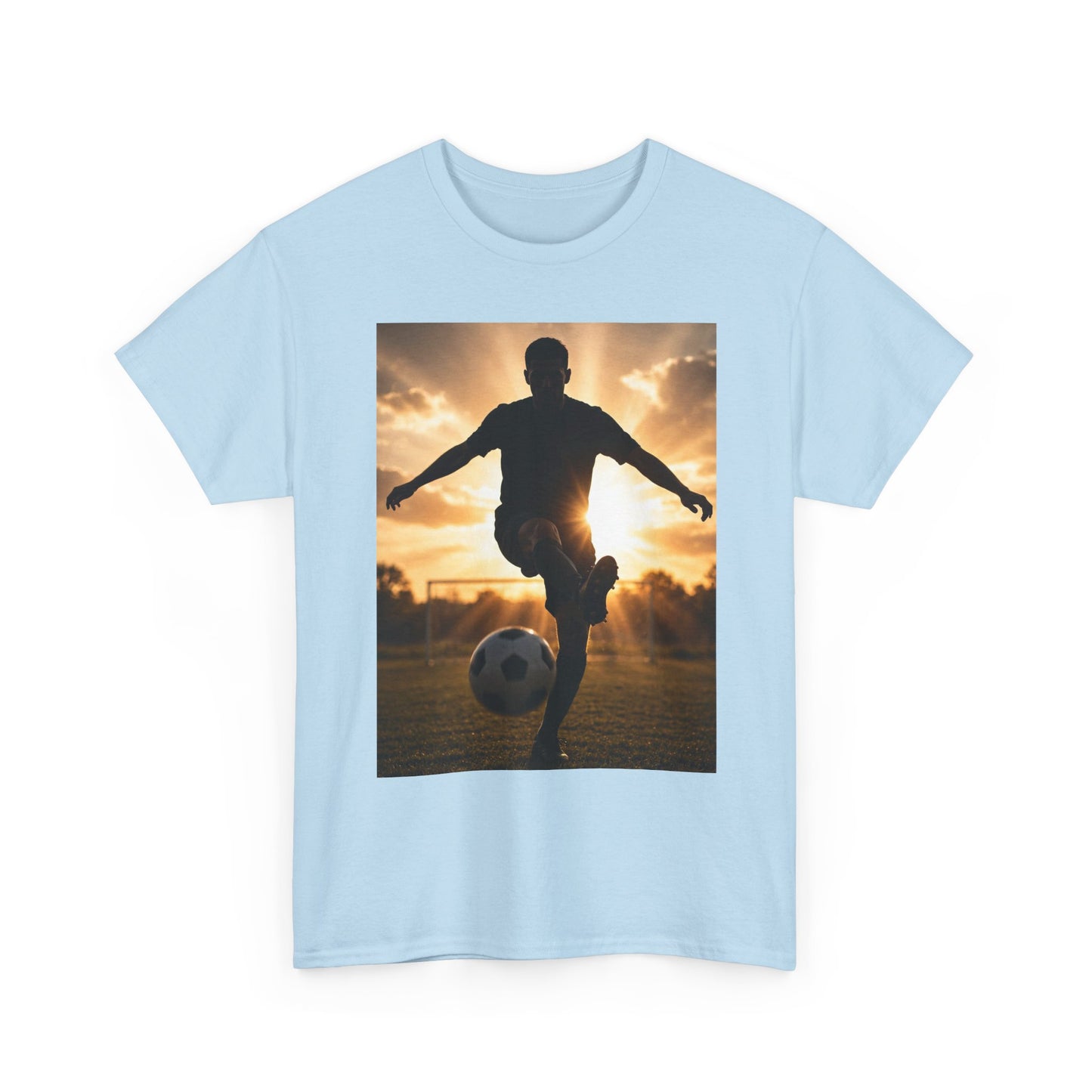 Soccer Silhouette Tee — Sunset Football Player Graphic T-Shirt