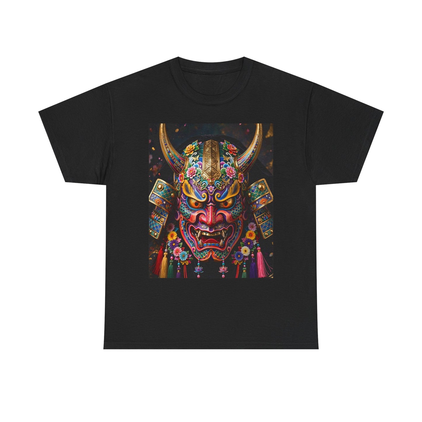 Samurai Mask Graphic Tee - Colorful Oni Kabuki Face Art T-Shirt