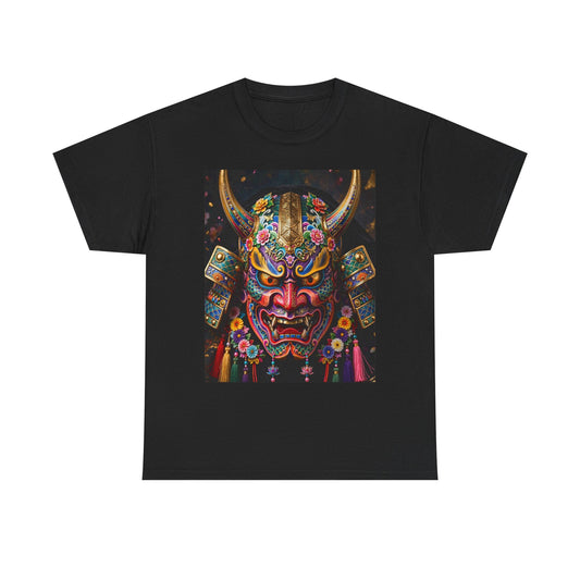 Samurai Mask Graphic Tee - Colorful Oni Kabuki Face Art T-Shirt