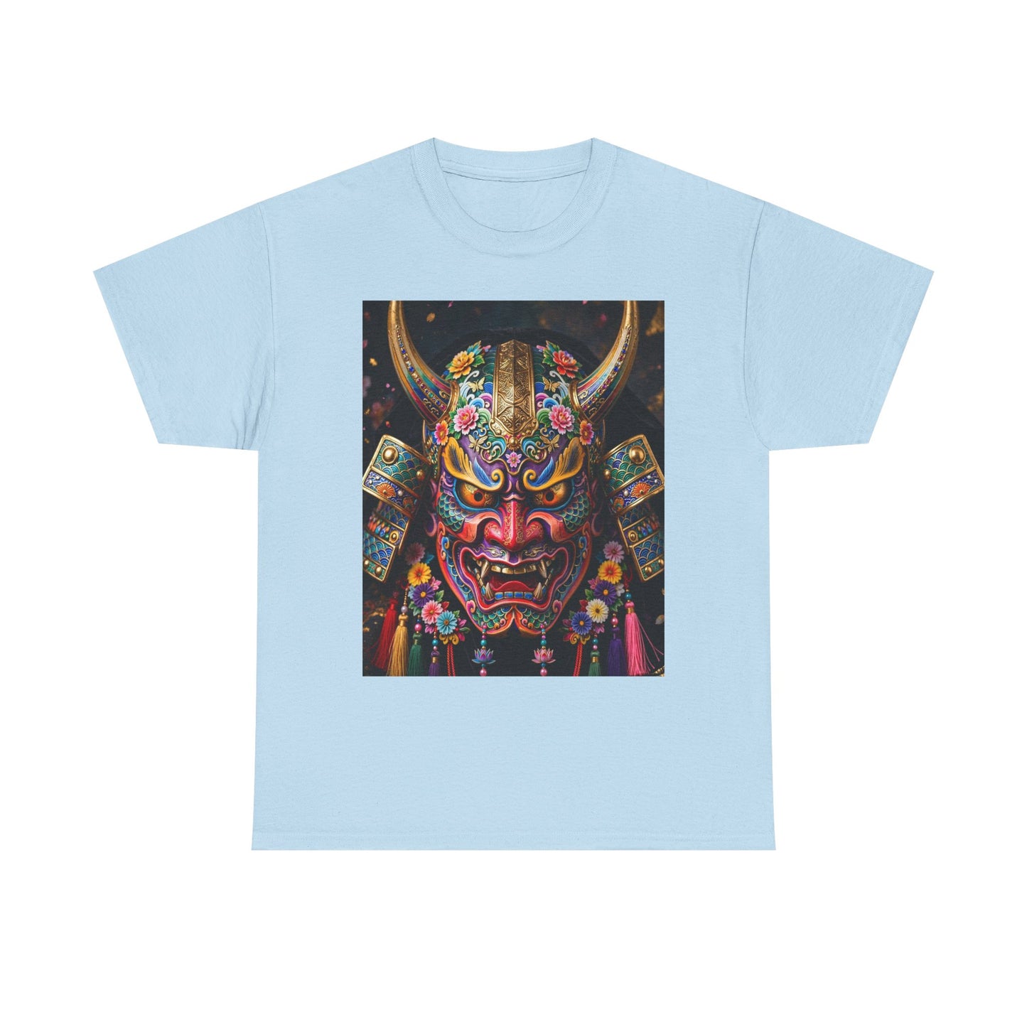 Samurai Mask Graphic Tee - Colorful Oni Kabuki Face Art T-Shirt