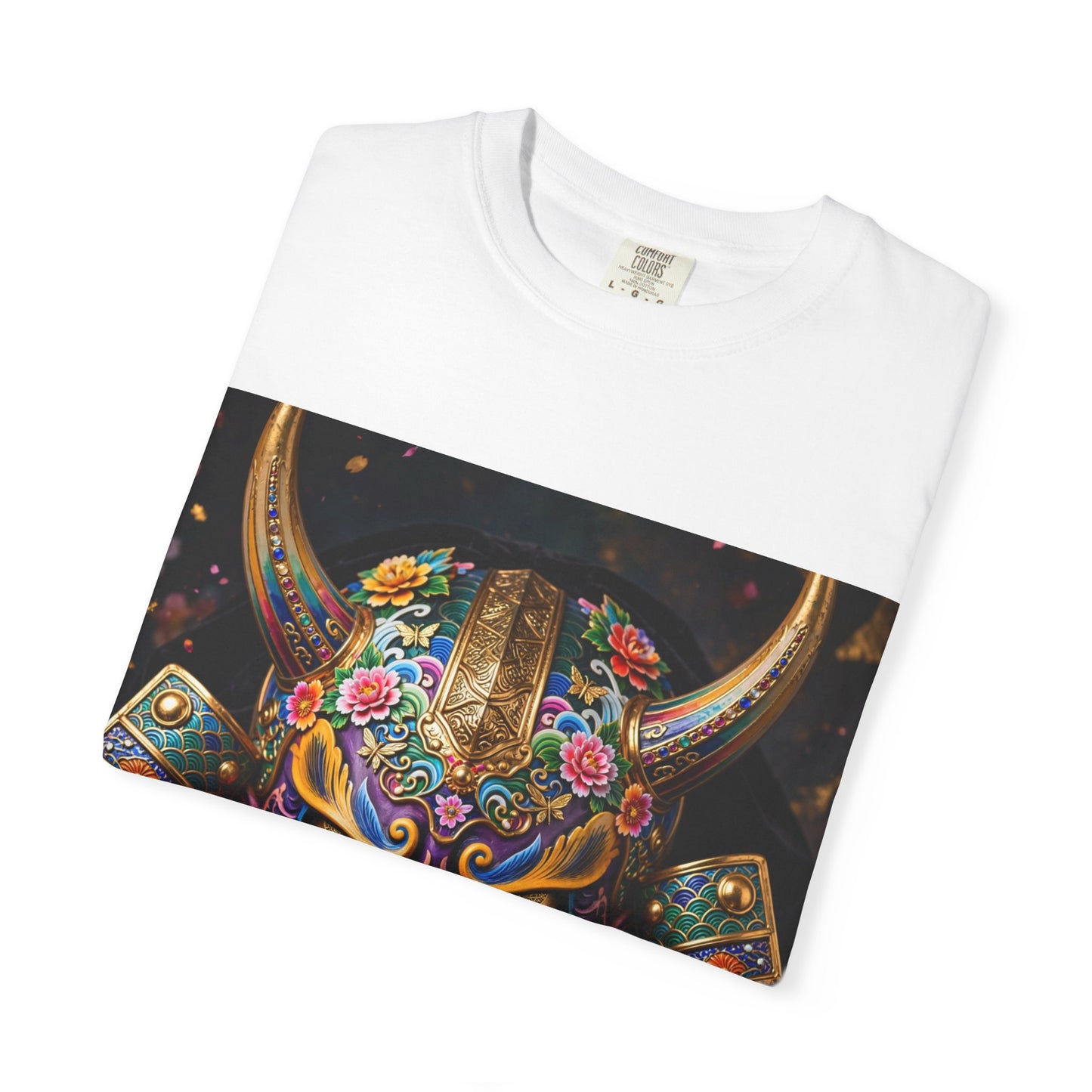 Samurai Oni Mask T‑Shirt — Vibrant Floral Demon Helmet Graphic