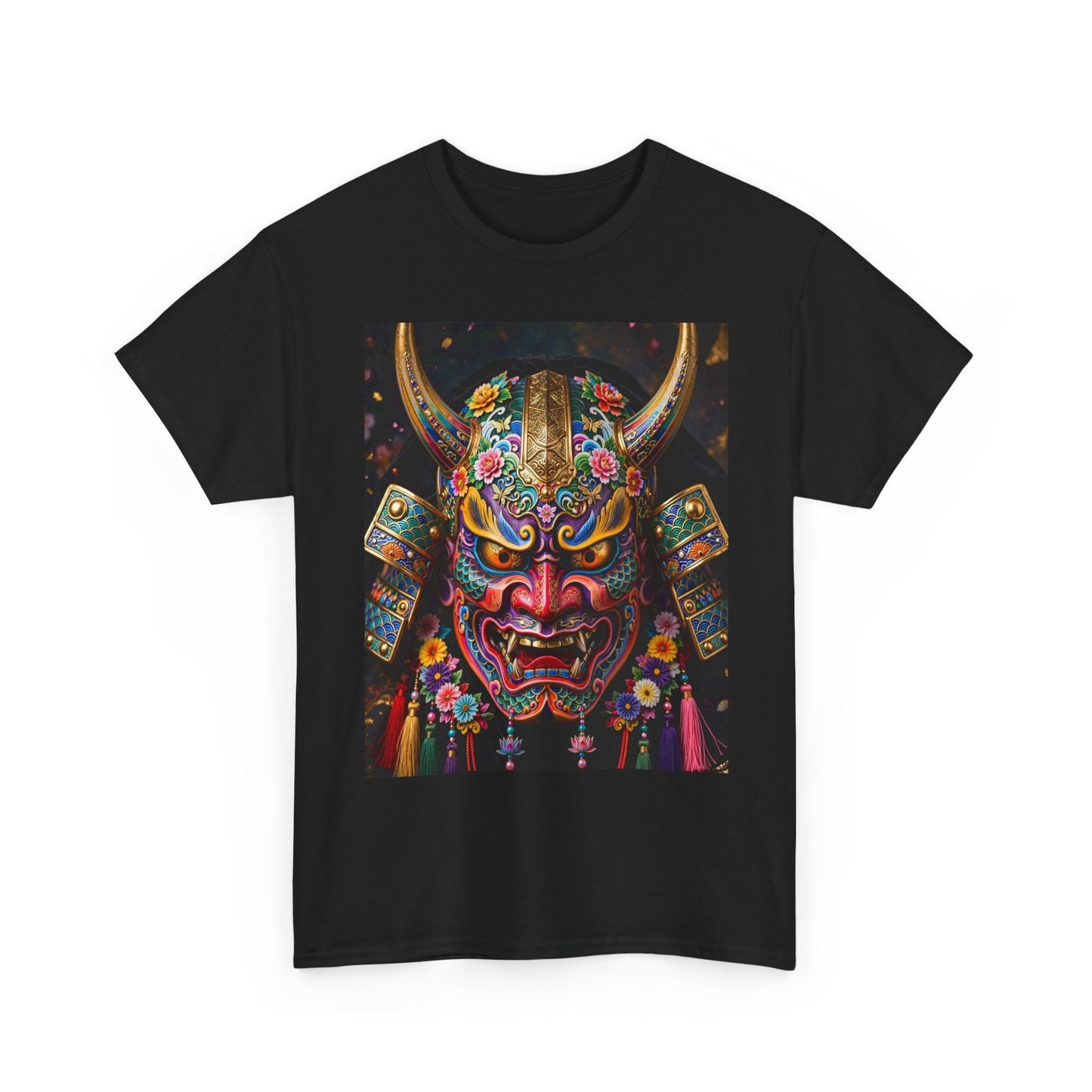 Samurai Mask Graphic Tee - Colorful Oni Kabuki Face Art T-Shirt