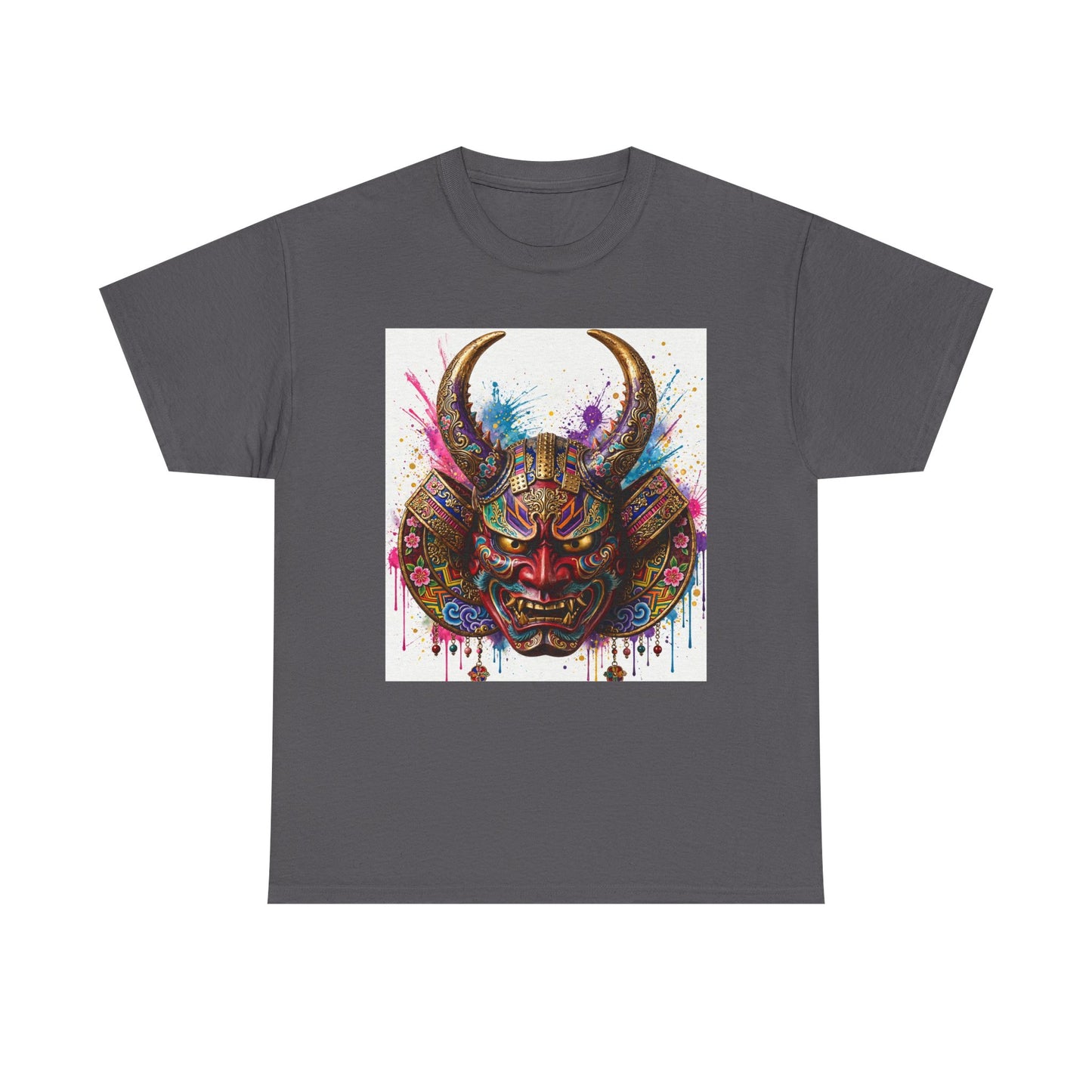Samurai Mask Graphic Tee — Colorful Oni Helmet T-shirt