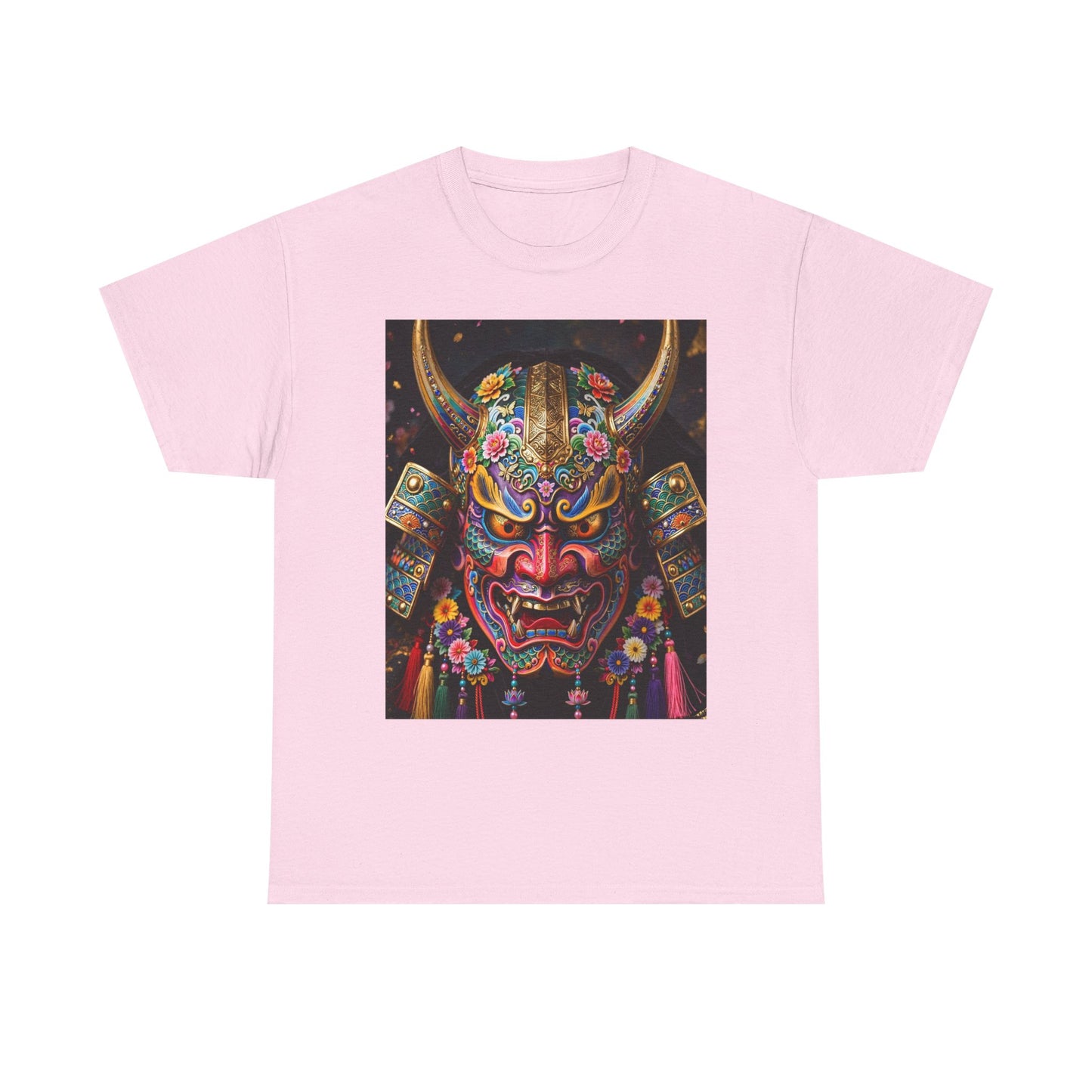 Samurai Mask Graphic Tee - Colorful Oni Kabuki Face Art T-Shirt