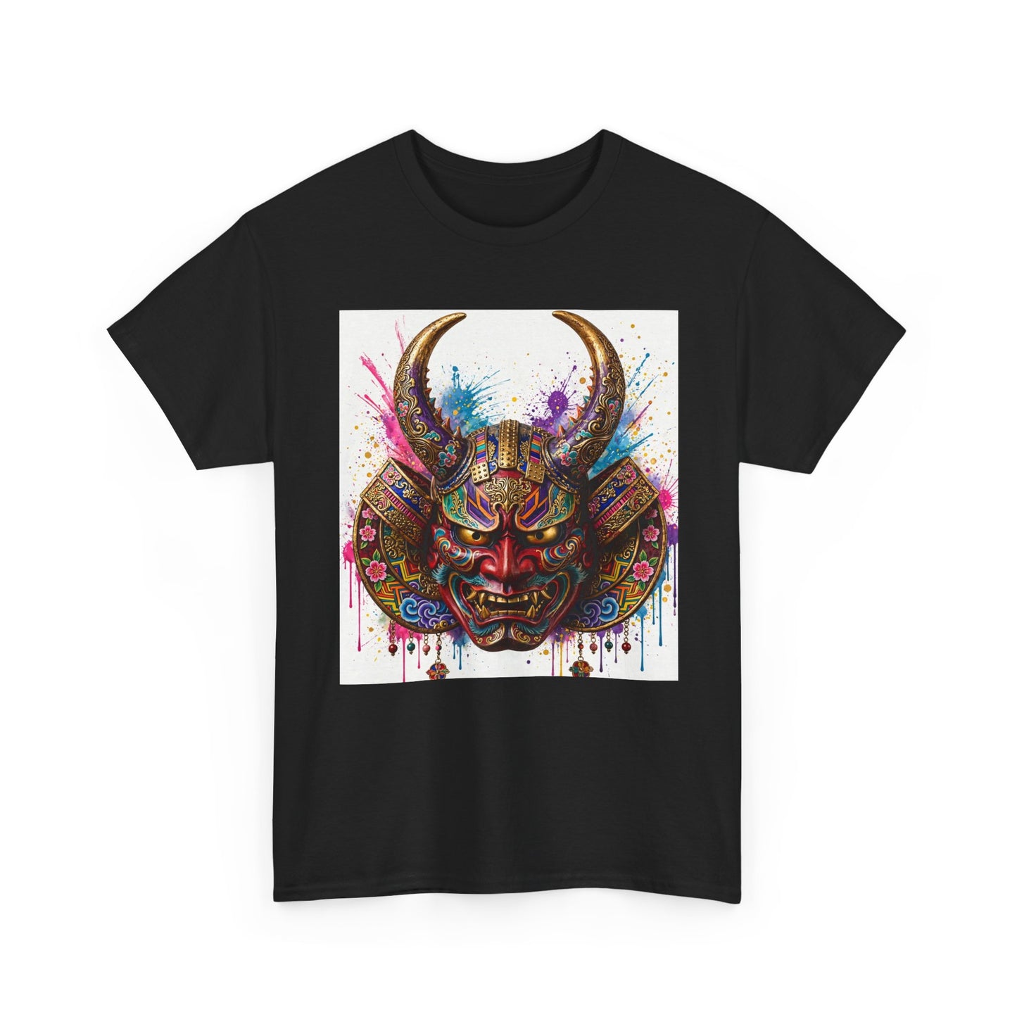 Samurai Mask Graphic Tee — Colorful Oni Helmet T-shirt