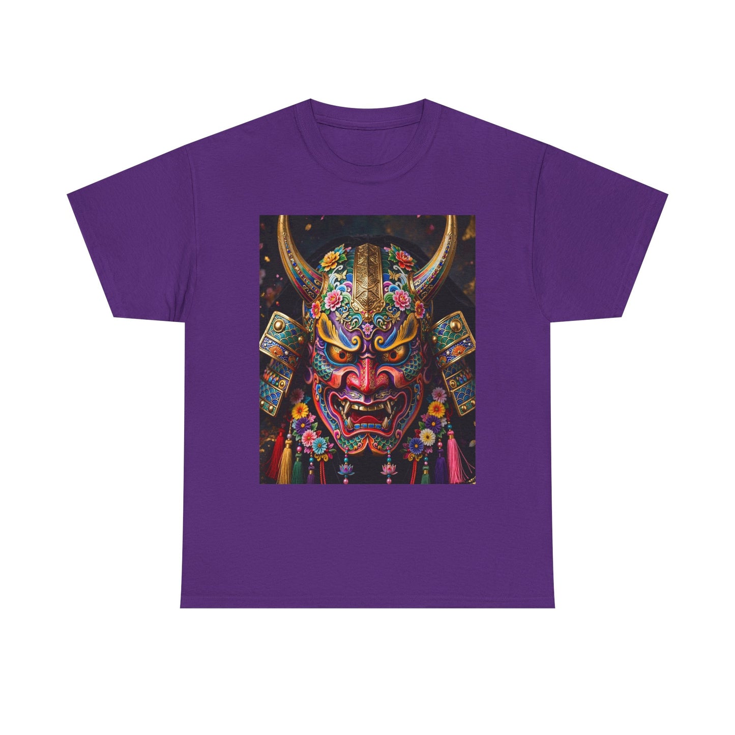 Samurai Mask Graphic Tee - Colorful Oni Kabuki Face Art T-Shirt