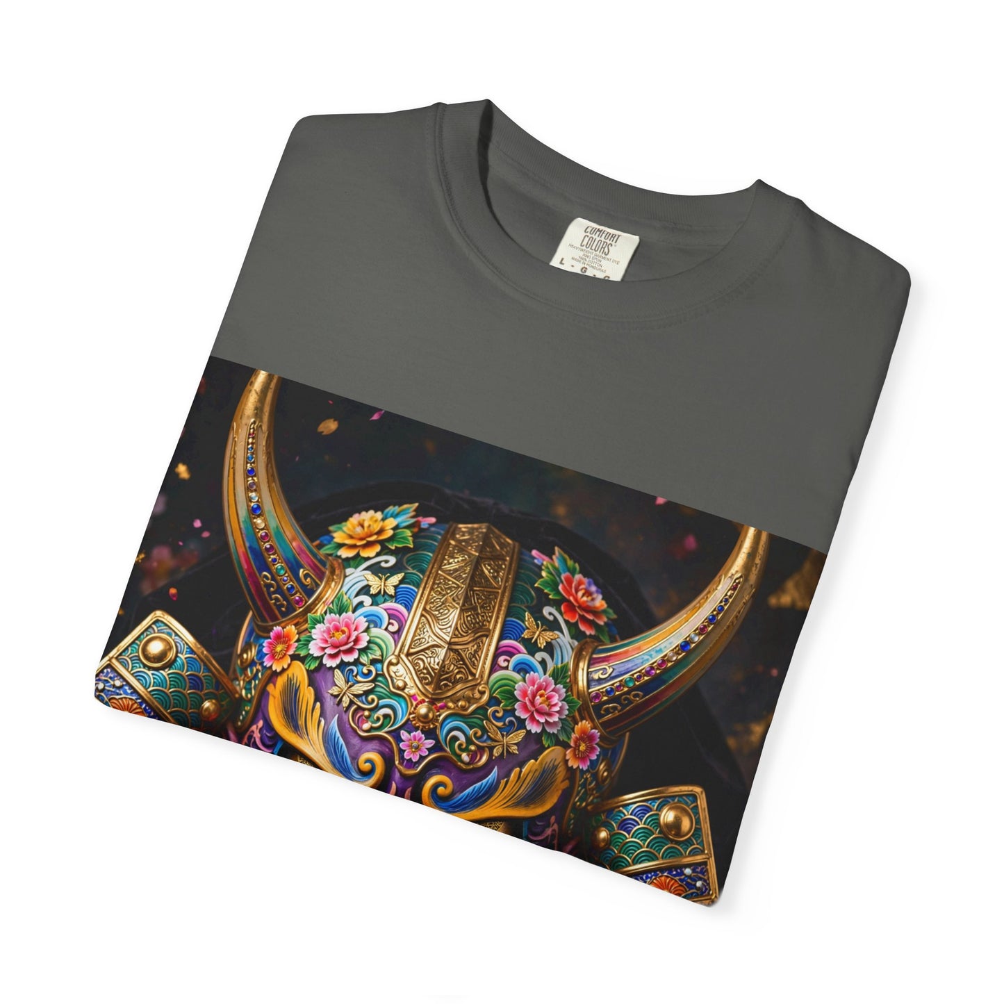 Samurai Oni Mask T‑Shirt — Vibrant Floral Demon Helmet Graphic