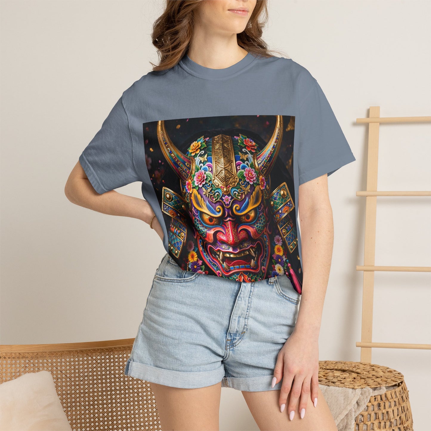 Samurai Oni Mask T‑Shirt — Vibrant Floral Demon Helmet Graphic