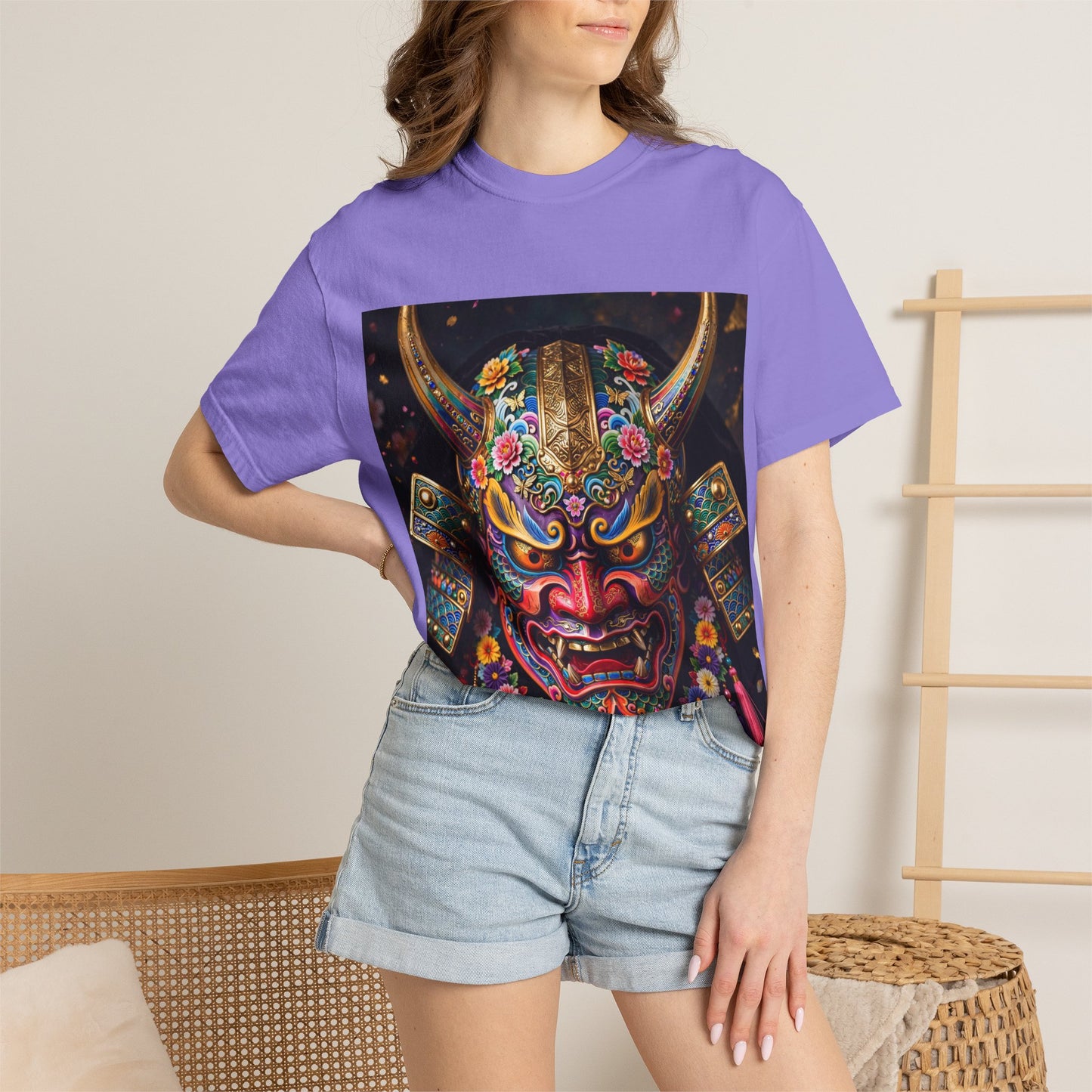 Samurai Oni Mask T‑Shirt — Vibrant Floral Demon Helmet Graphic