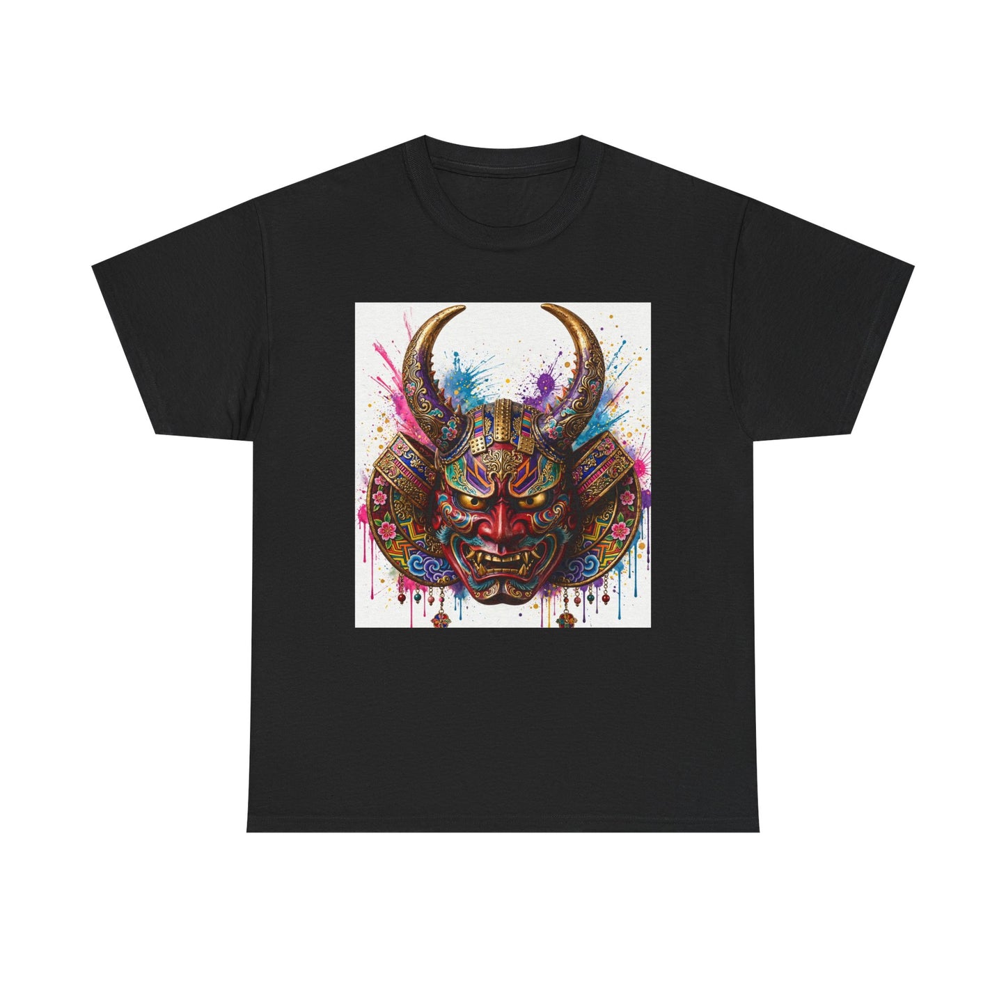 Samurai Mask Graphic Tee — Colorful Oni Helmet T-shirt