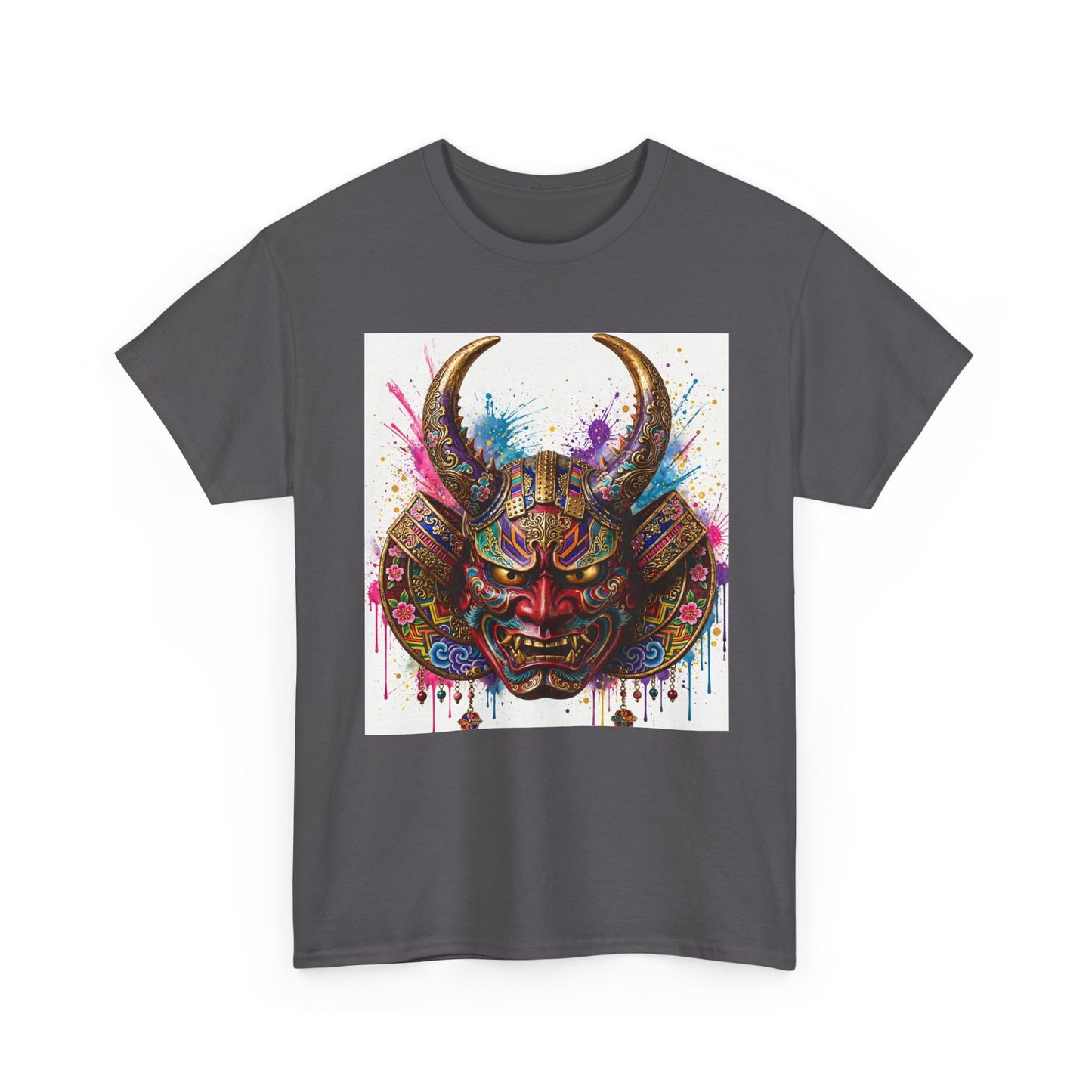Samurai Mask Graphic Tee — Colorful Oni Helmet T-shirt