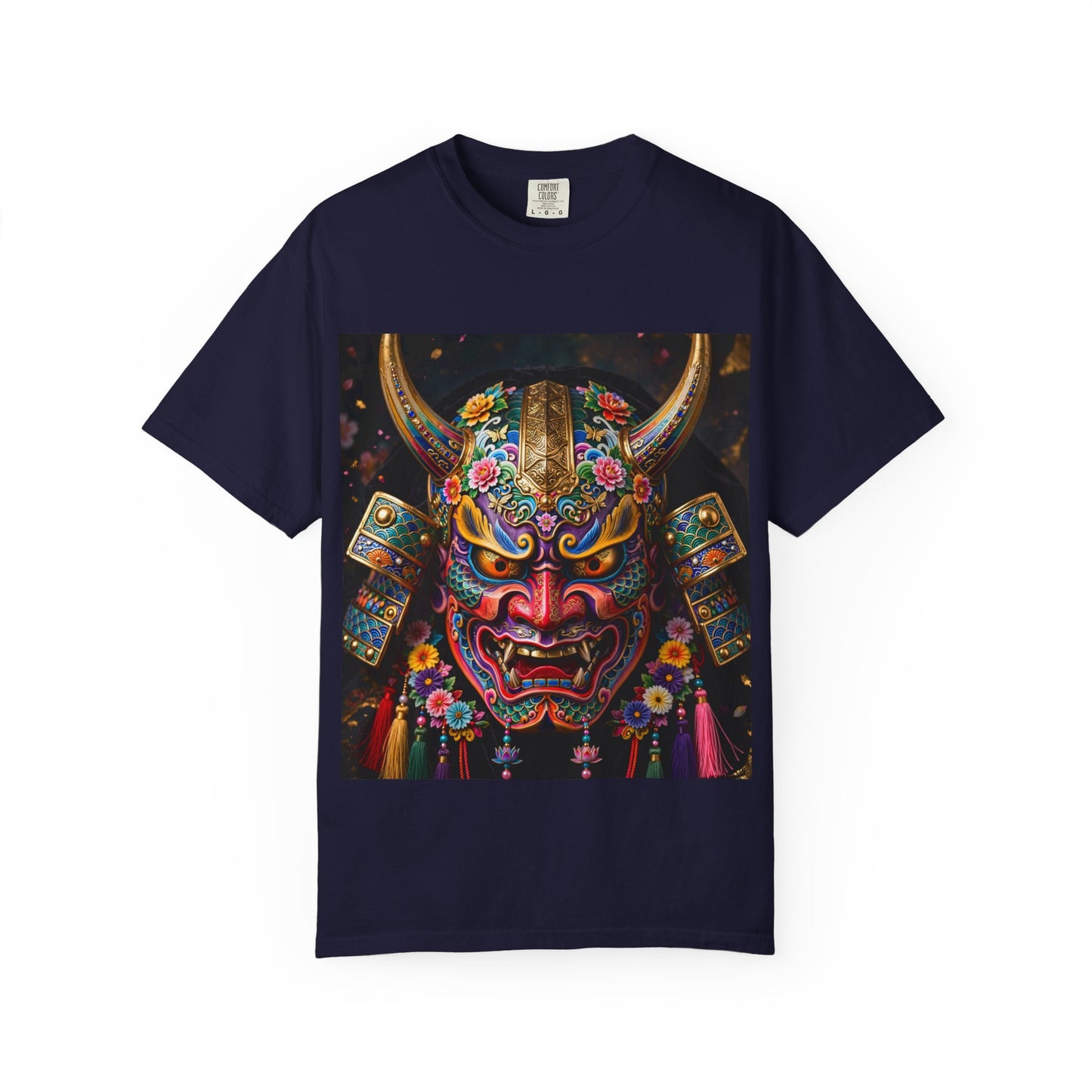 Samurai Oni Mask T‑Shirt — Vibrant Floral Demon Helmet Graphic
