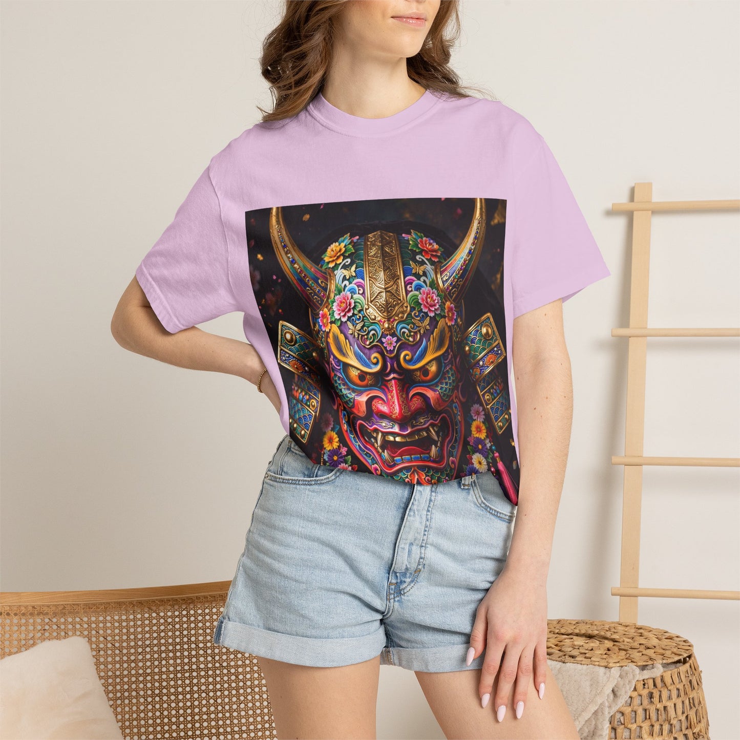 Samurai Oni Mask T‑Shirt — Vibrant Floral Demon Helmet Graphic