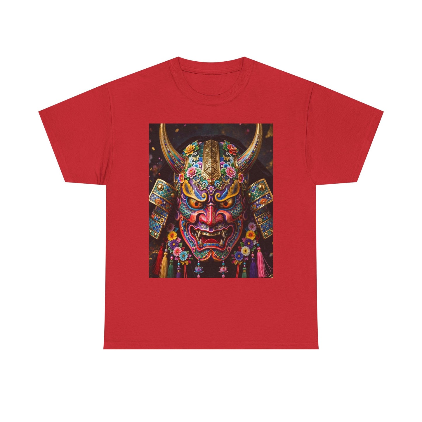 Samurai Mask Graphic Tee - Colorful Oni Kabuki Face Art T-Shirt