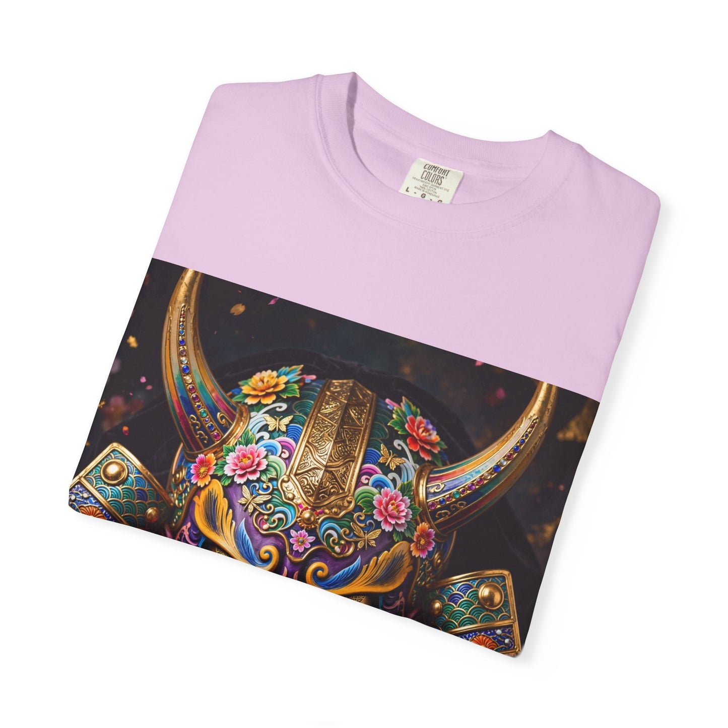 Samurai Oni Mask T‑Shirt — Vibrant Floral Demon Helmet Graphic